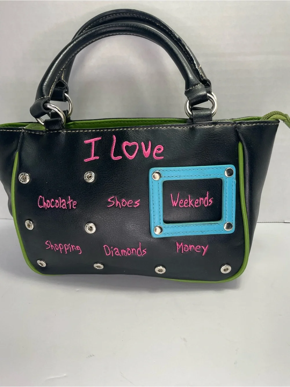 Vintage Y2K-style black faux-leather novelty handbag
